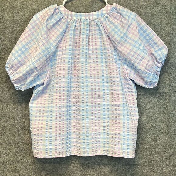 NWT LOFT Large Petite Blouse Puff Sleeve Gingham Pastel Blue Pink LP Tie Spring - Picture 13 of 16